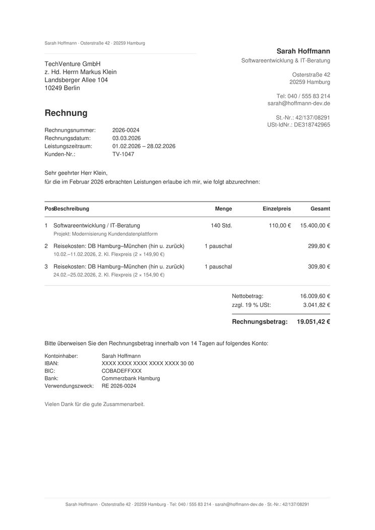 Beispielrechnung Sarah Hoffmann Softwareentwicklung &ndash; 2026-0024 &uuml;ber 19.051,42 &euro;